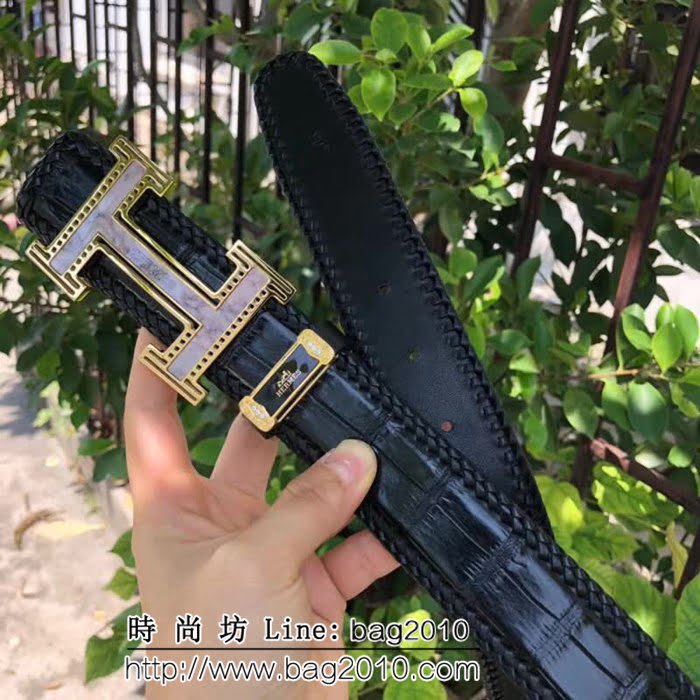 愛馬仕HERMES 純手工編織美洲鱷魚無拼接肚皮 高端男士皮帶 HHG1570